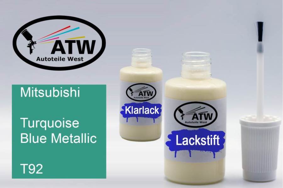 Mitsubishi, Turquoise Blue Metallic, T92: 20ml Lackstift + 20ml Klarlack - Set, von ATW Autoteile West.